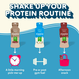 Ripple Vanilla shake on-the-go with gym bag suggests quick post-workout fuel