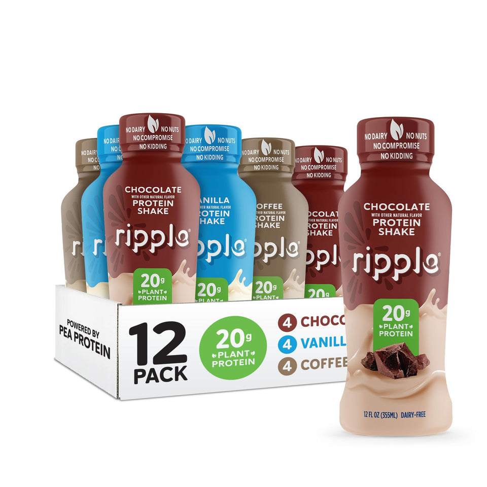 Ripple variety-pack bottles arranged for on-the-go protein convenience.