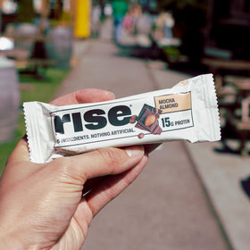 Rise Mocha Almond protein bar packaged for daily use.