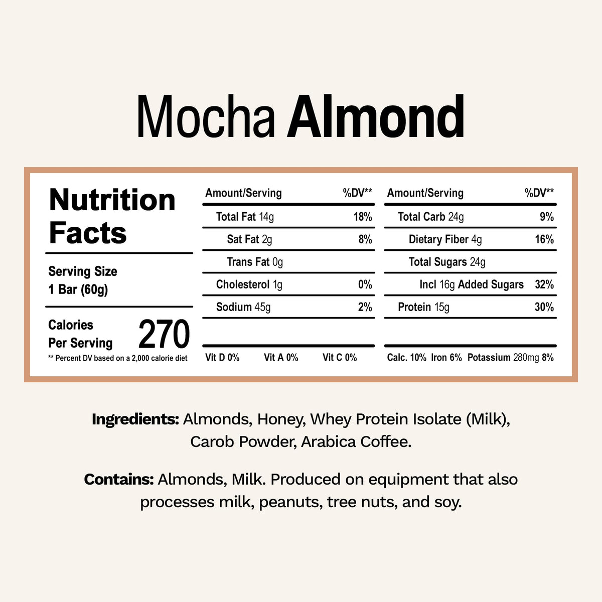 Close-up of Rise Mocha Almond whey bar ingredients showing five simple components.