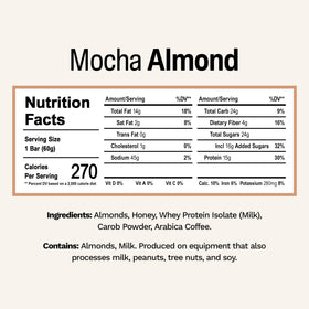 Close-up of Rise Mocha Almond whey bar ingredients showing five simple components.