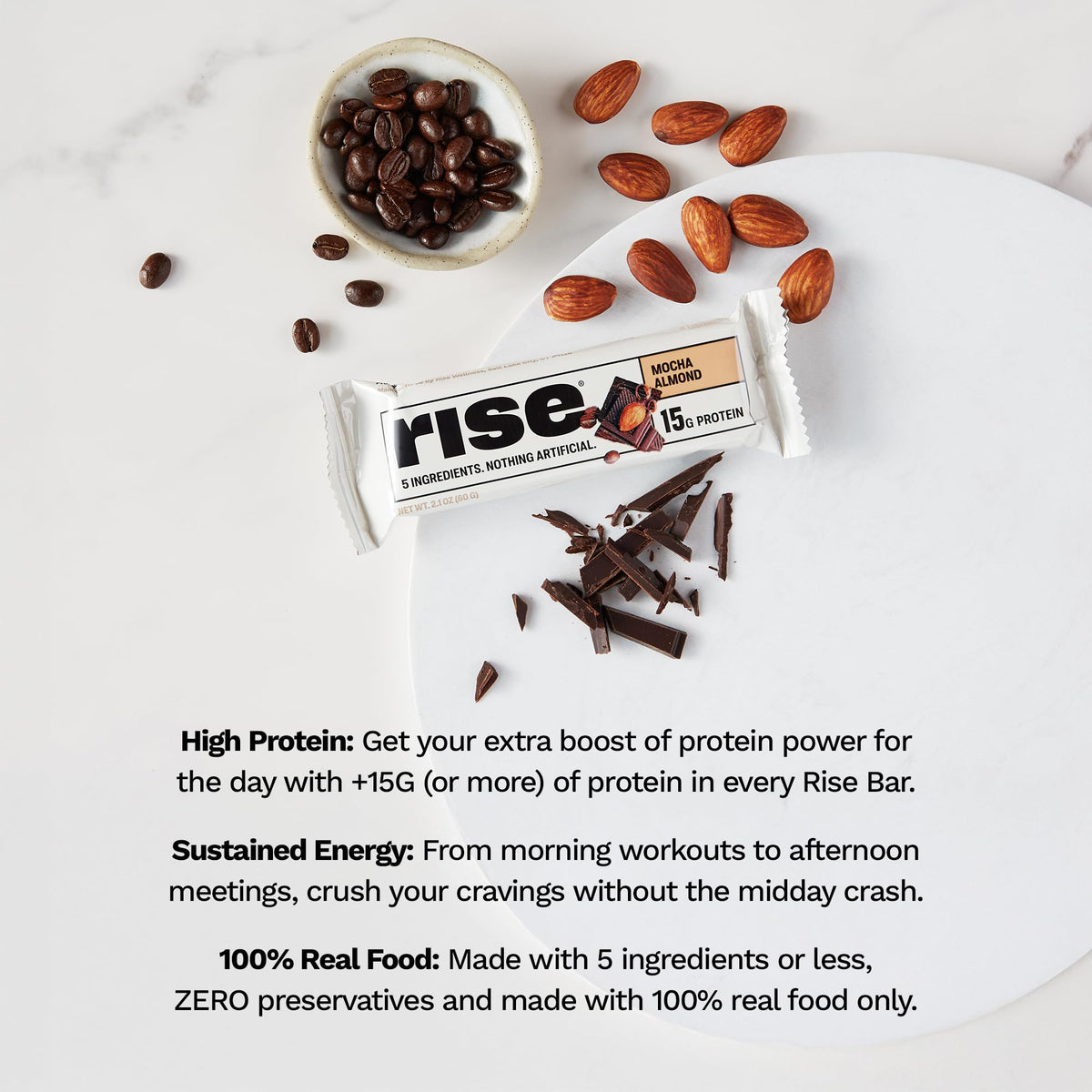 Rise Mocha Almond on-the-go bar ready for busy days.