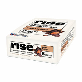 Rise Mocha Almond whey bar packaging highlights clean, gluten-free ingredients.