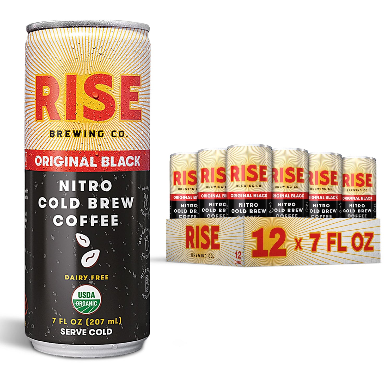 RISE Original Black Nitro Cold Brew can 7oz on display, sugar-free and vegan.
