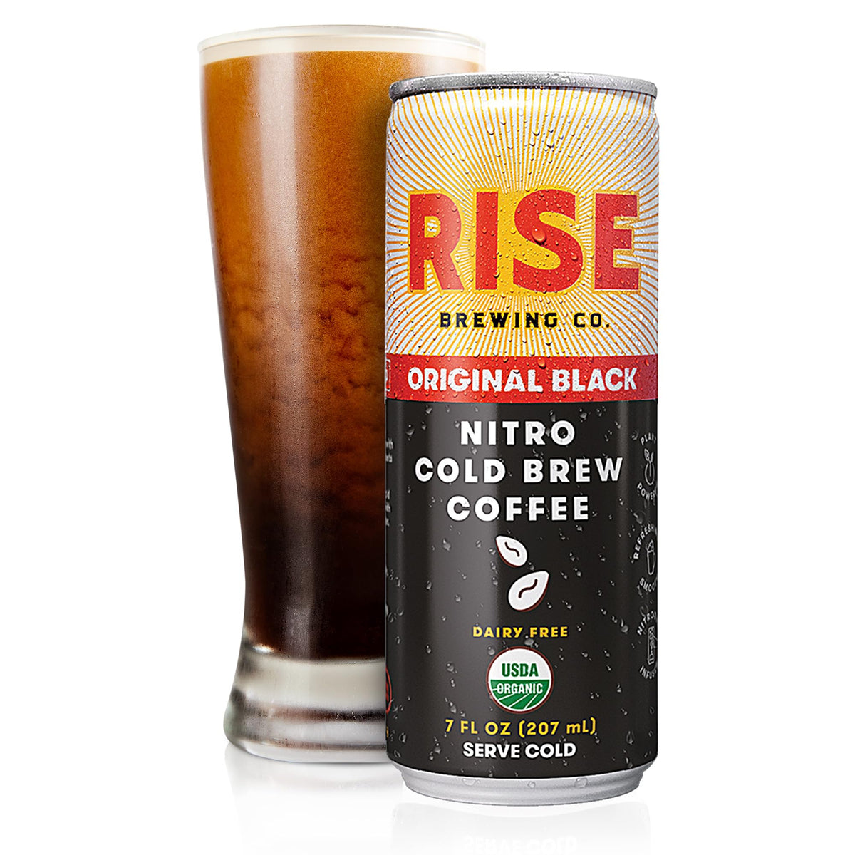 Pour of RISE Original Black Nitro Cold Brew into glass showing nitro texture.