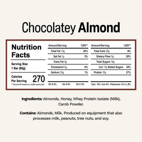 Close-up of Rise Chocolatey Almond bar, creamy texture and chocolate aroma.