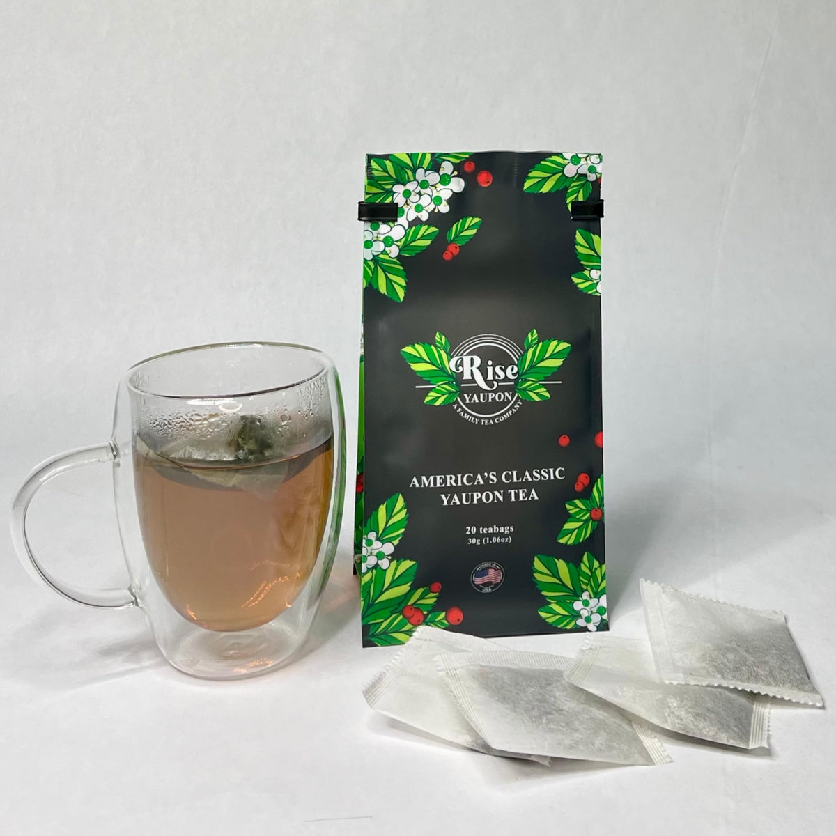 Rise Yaupon tea bags closeup with clean tannin-free infusion and no bitterness.