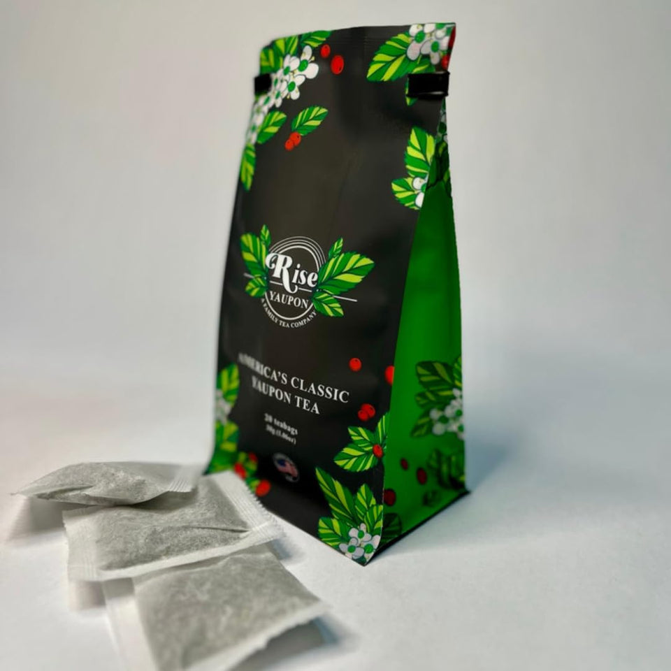Rise Yaupon Classic tea bags in packaging for a smooth, naturally caffeinated brew.