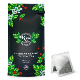 Rise Yaupon brews hot cup with gentle energy and clean aftertaste.