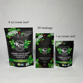 Rise Yaupon packaging display on shelf emphasizing sustainability.
