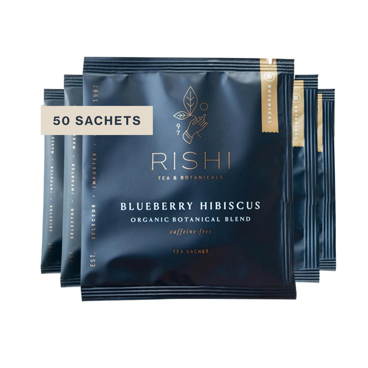 Rishi Tea Blueberry Hibiscus sachet in a mug for a bright, caffeine-free moment