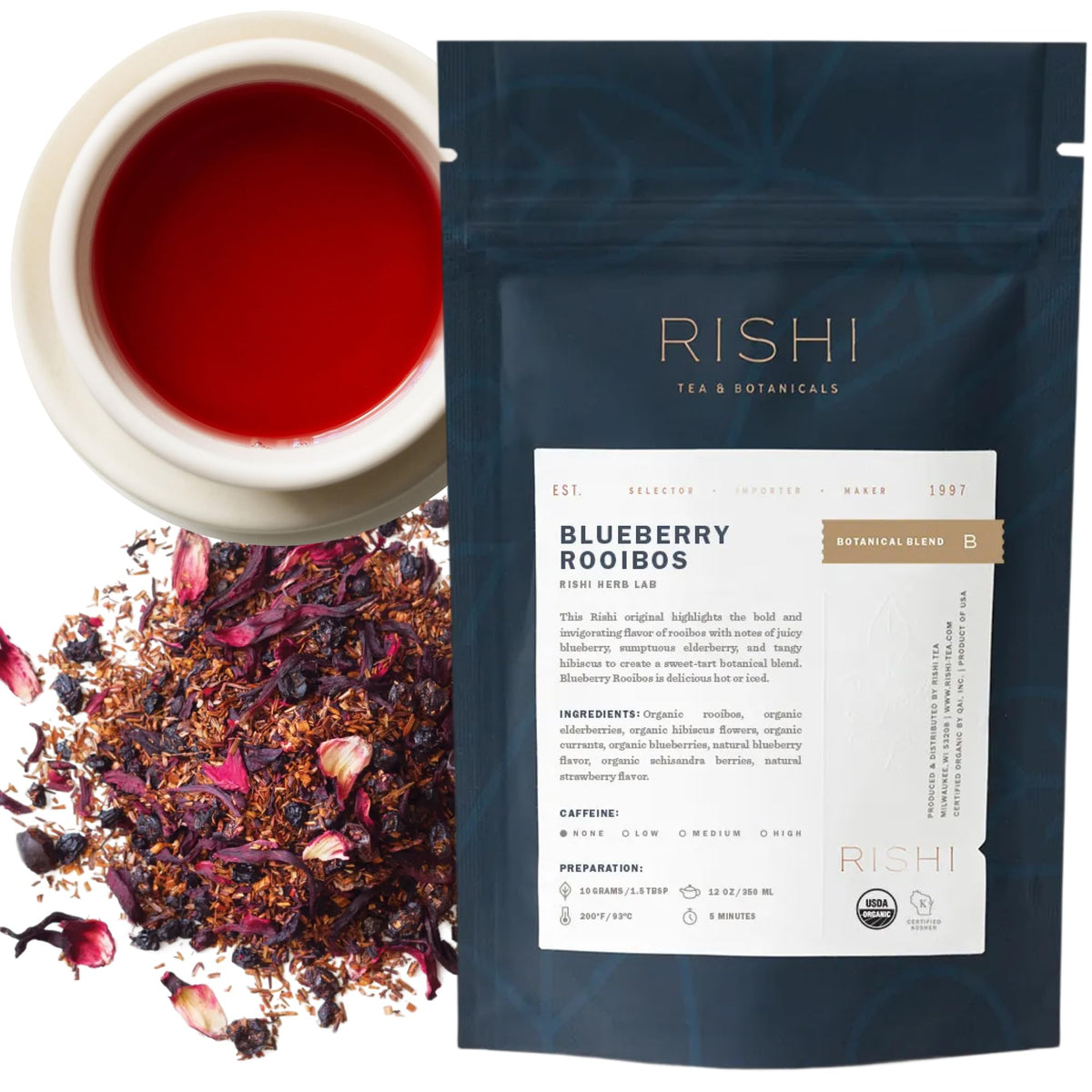 Rishi Tea Blueberry Rooibos bottle, caffeine-free refreshment perfect for on-the-go moments.
