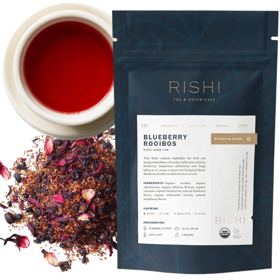 Rishi Tea Blueberry Rooibos bottle, caffeine-free refreshment perfect for on-the-go moments.