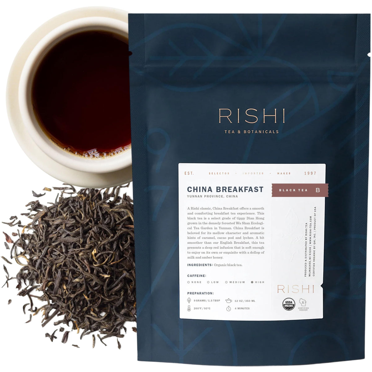 Rishi Tea China Breakfast loose leaf with tippy Dian Hong leaves for a smooth, flavorful cup.