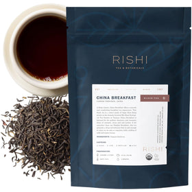 Rishi Tea China Breakfast loose leaf with tippy Dian Hong leaves for a smooth, flavorful cup.