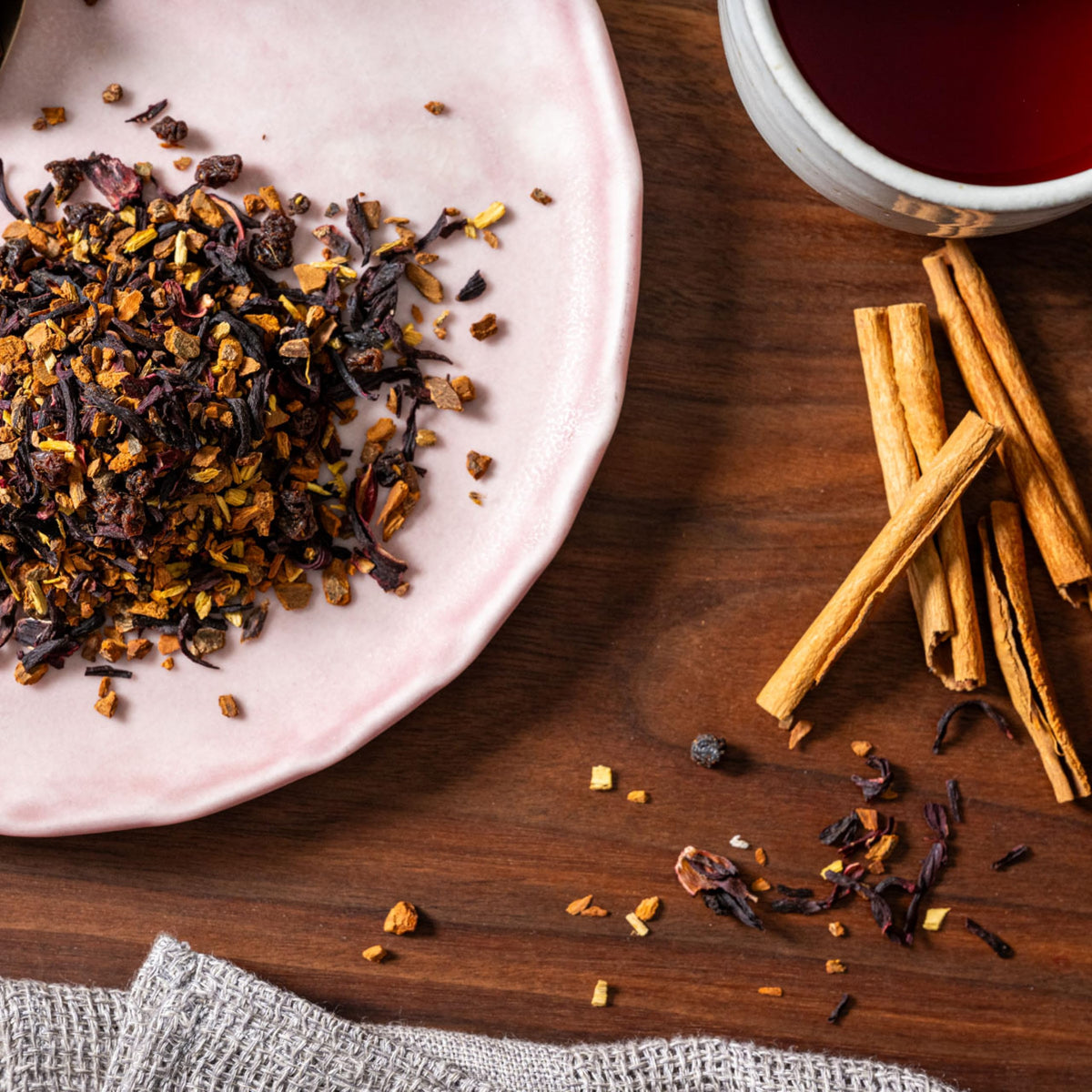Rishi Cinnamon Plum brewed tea served iced, refreshing summer treat.