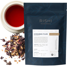 Rishi Cinnamon Plum loose leaf tea close-up leaves with rich aroma, perfect for cozy moments.