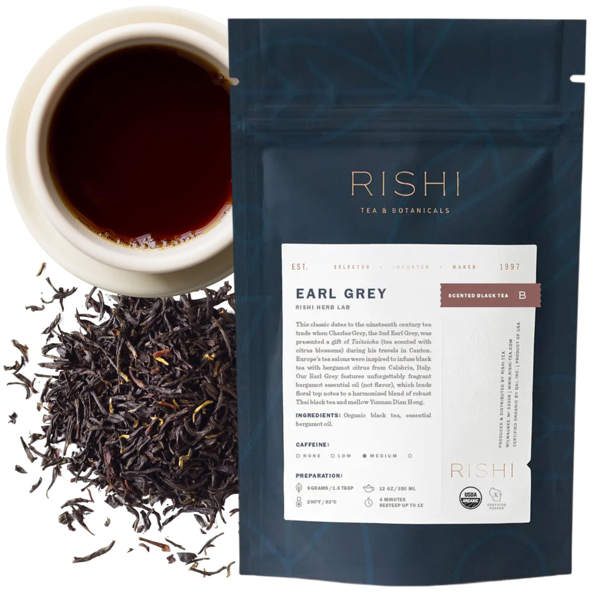 Rishi Earl Grey Organic Loose-Leaf tea ready for a fragrant morning brew