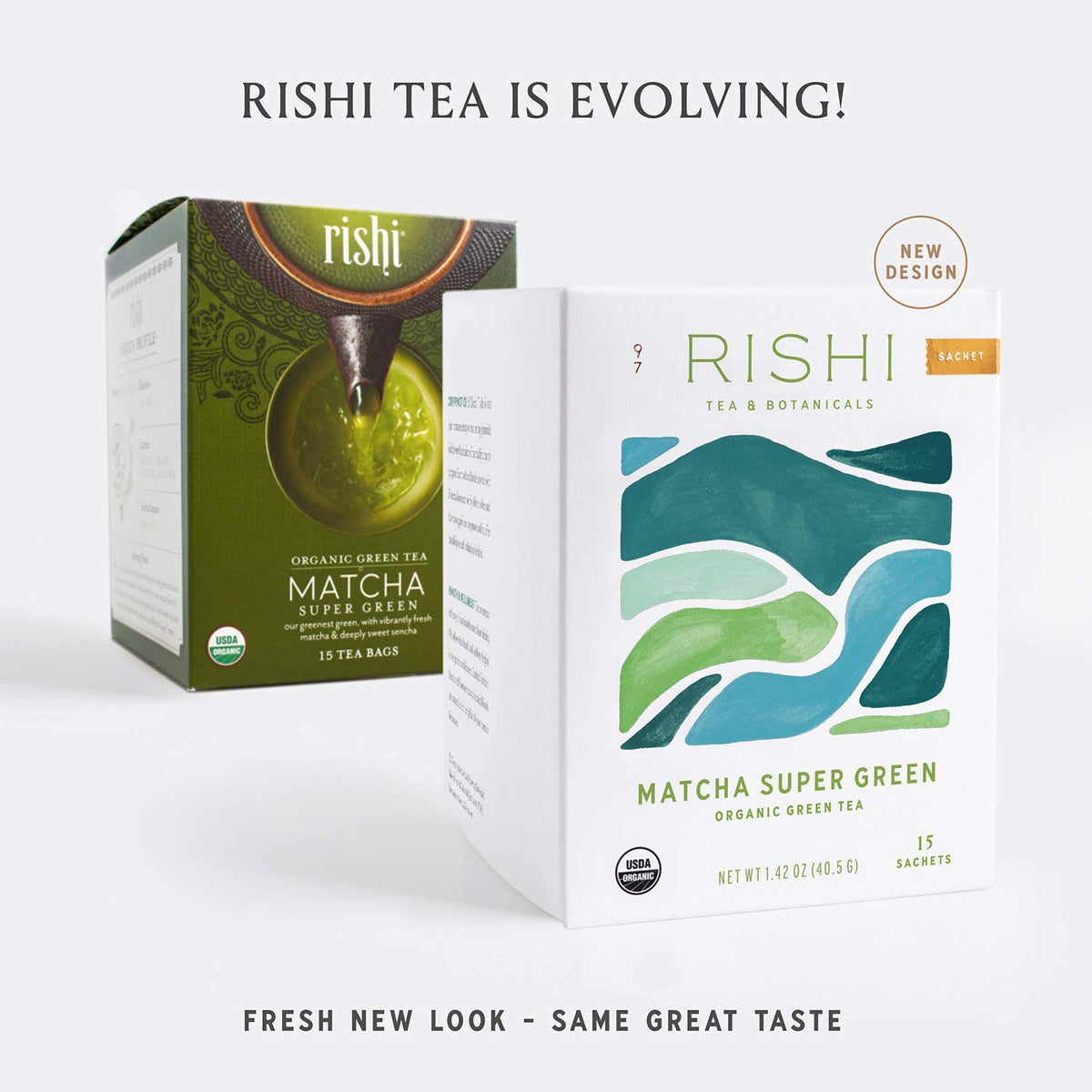 Rishi Matcha sachet bag close-up shows eco-friendly packaging for mindful tea moments.