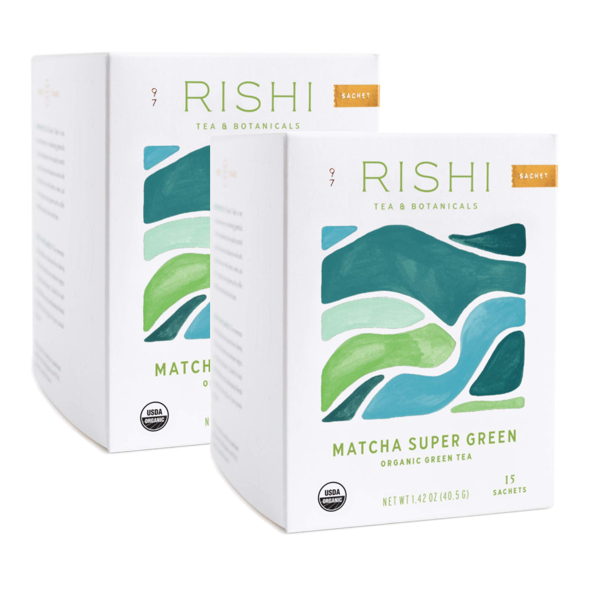 Rishi Matcha Super Green Tea sachet pack close-up for quick, fresh brew.