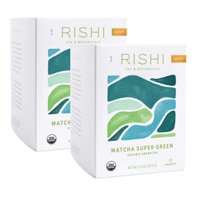 Rishi Matcha Super Green Tea sachet pack close-up for quick, fresh brew.