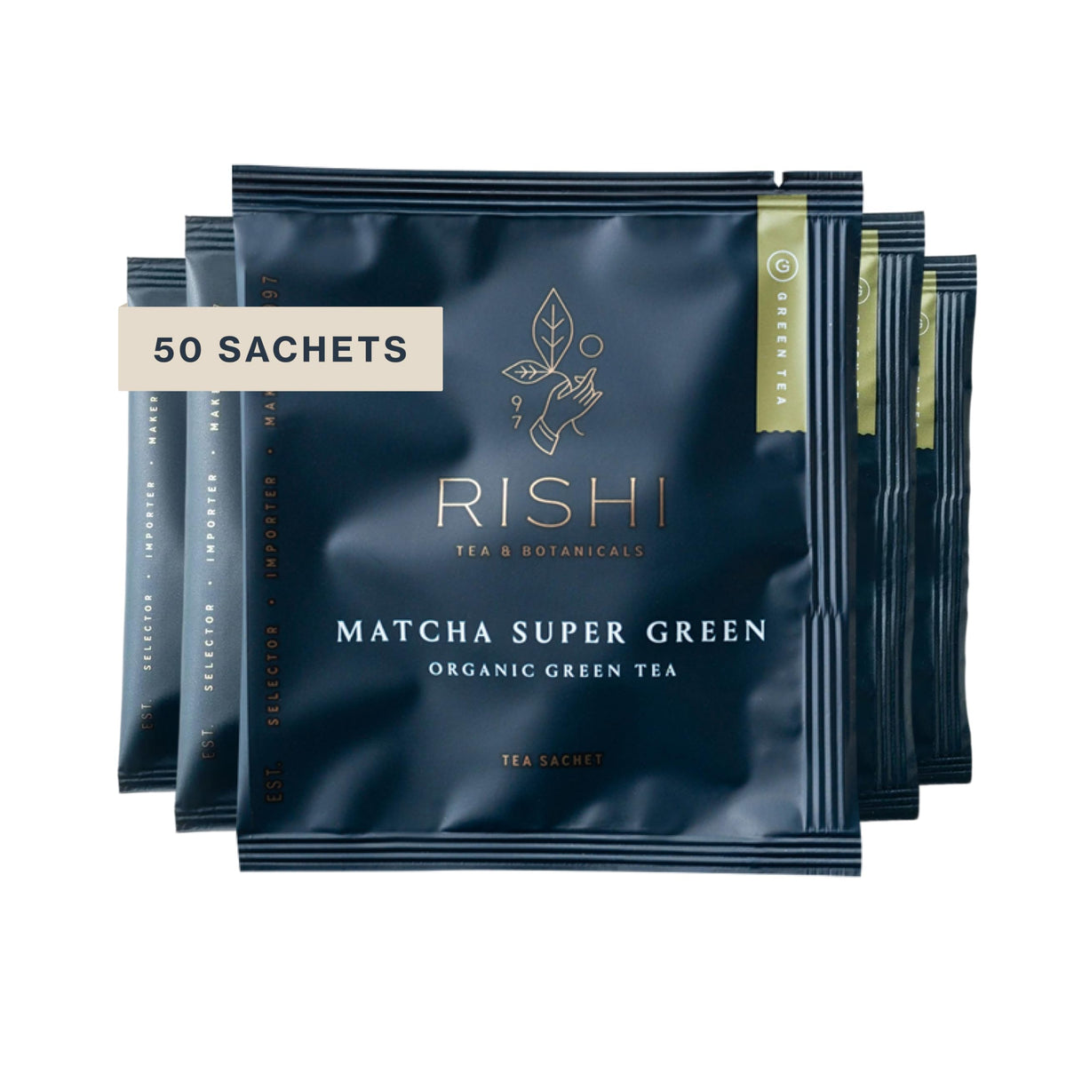 Rishi Tea Matcha Super Green sachet packaging highlights eco friendly materials for sustainable tea routines.