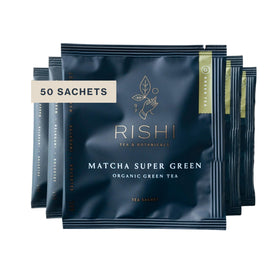 Rishi Tea Matcha Super Green sachet packaging highlights eco friendly materials for sustainable tea routines.
