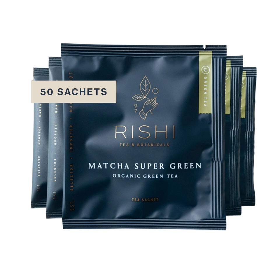 Rishi Tea Matcha Super Green sachet packaging highlights eco friendly materials for sustainable tea routines.