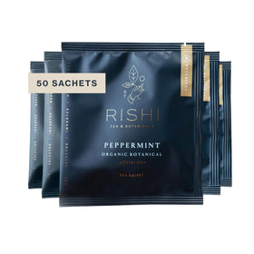Rishi Peppermint tea sachet pack — fragrant, organic flavor ready to brew.