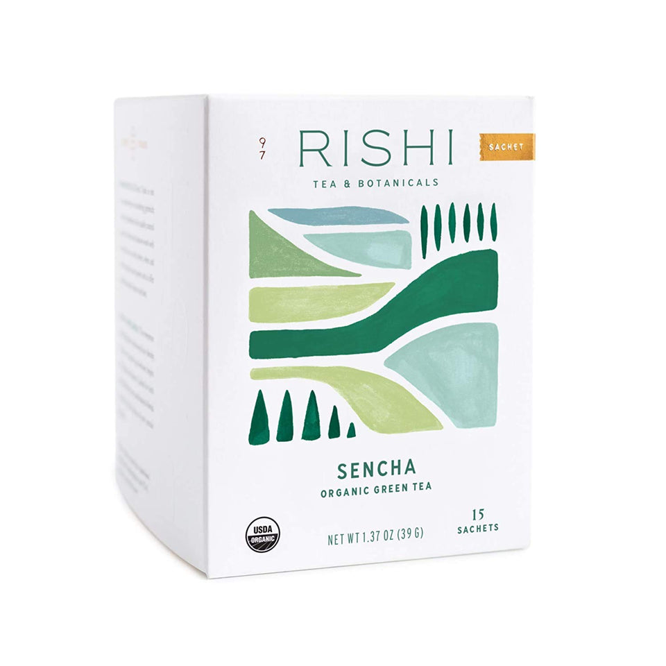 Rishi Tea Sencha Organic Green Tea sachets in a 2-pack, ideal for quick daily brews