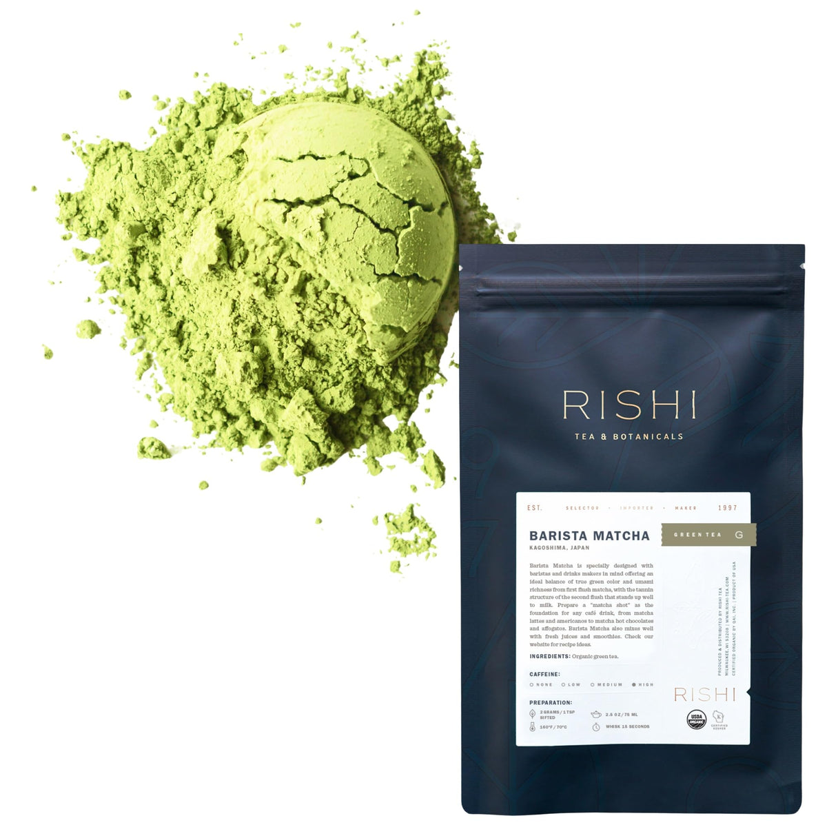 Rishi Tea Barista Matcha tin packaging highlights premium cafe-quality powder