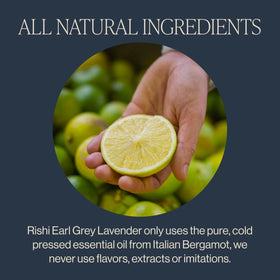 Rishi Tea bergamot lavender aroma close-up, suggesting uplifting citrus and floral notes.