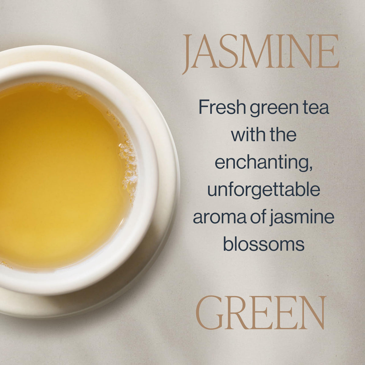 Rishi Tea brewed jasmine green tea cup showcases a smooth, fragrant sip.
