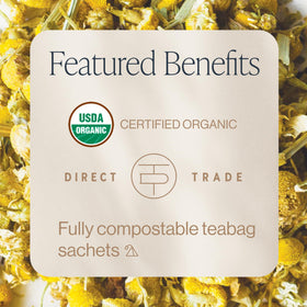 Rishi Tea Chamomile Medley cup steaming, ideal for a relaxing break.