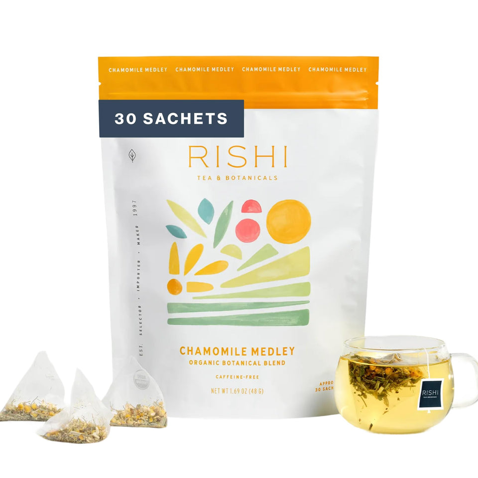 Rishi Tea Chamomile Medley sachet bag 30-count for caffeine-free calm.