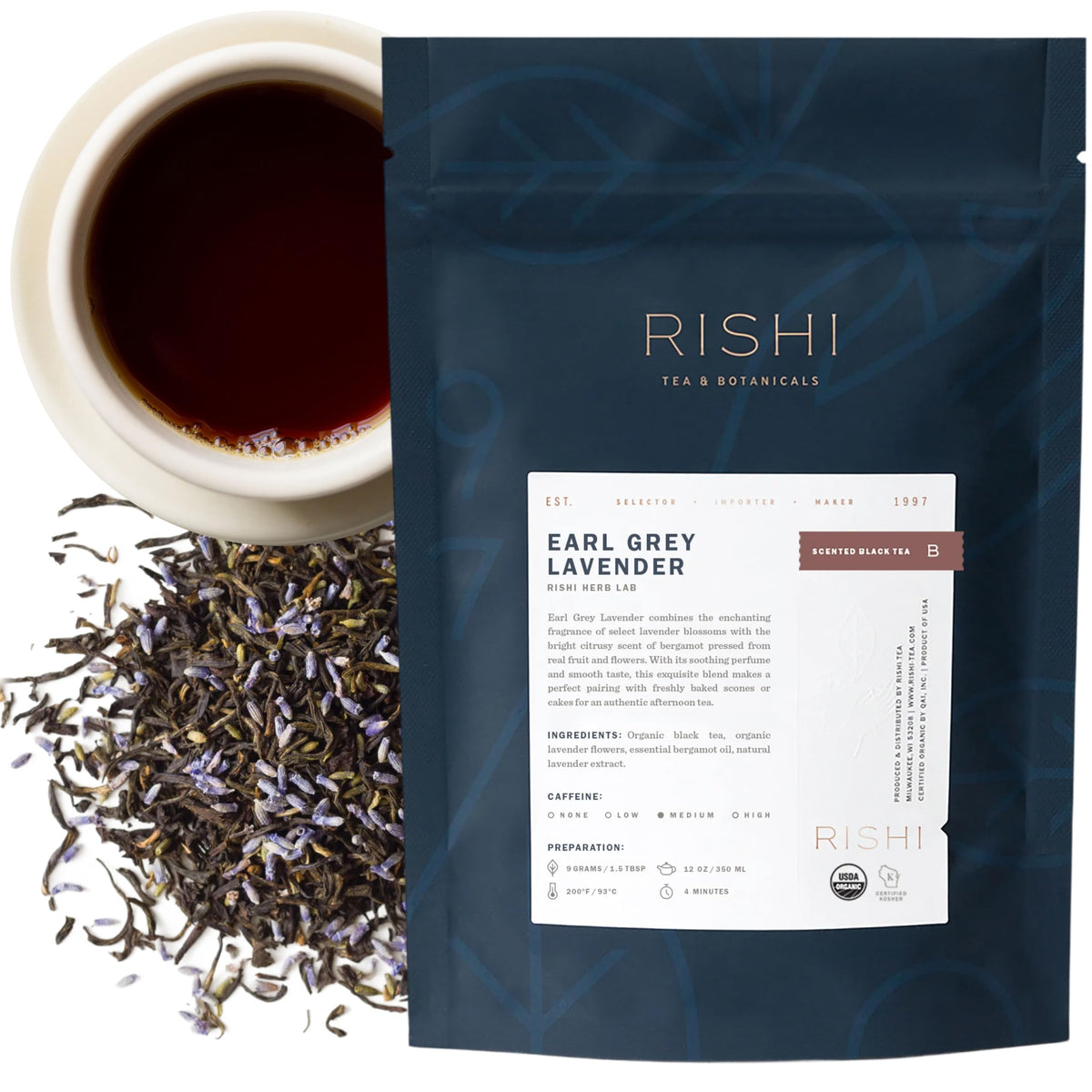 Rishi Tea Earl Grey Lavender loose-leaf tea in a tin, with premium aroma and bright flavor.