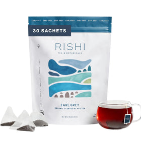 Rishi Tea Earl Grey sachet brew delivers bold flavor for a refined morning ritual.