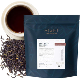 Rishi Tea Earl Grey Supreme leaf closeup highlighting bergamot aroma and quality