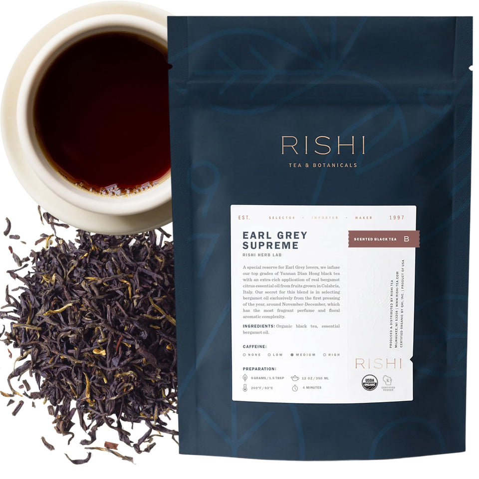 Rishi Tea Earl Grey Supreme packaging highlights premium quality and sustainable sourcing.