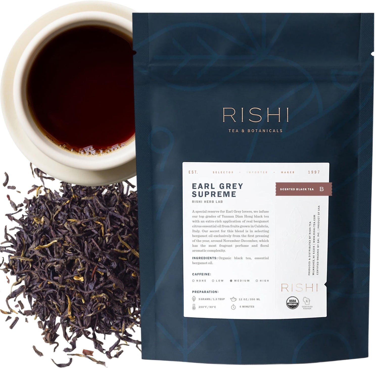 Rishi Tea Earl Grey Supreme packaging highlights premium quality and sustainable sourcing.
