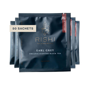 Rishi Earl Grey tea bags on front packaging, premium citrus aroma