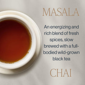 Energizing Masala Chai from Rishi Tea with caffeine boost for mornings.