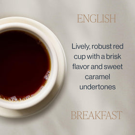 Brewed cup of Rishi Tea English Breakfast reveals bold red infusion and brisk body.