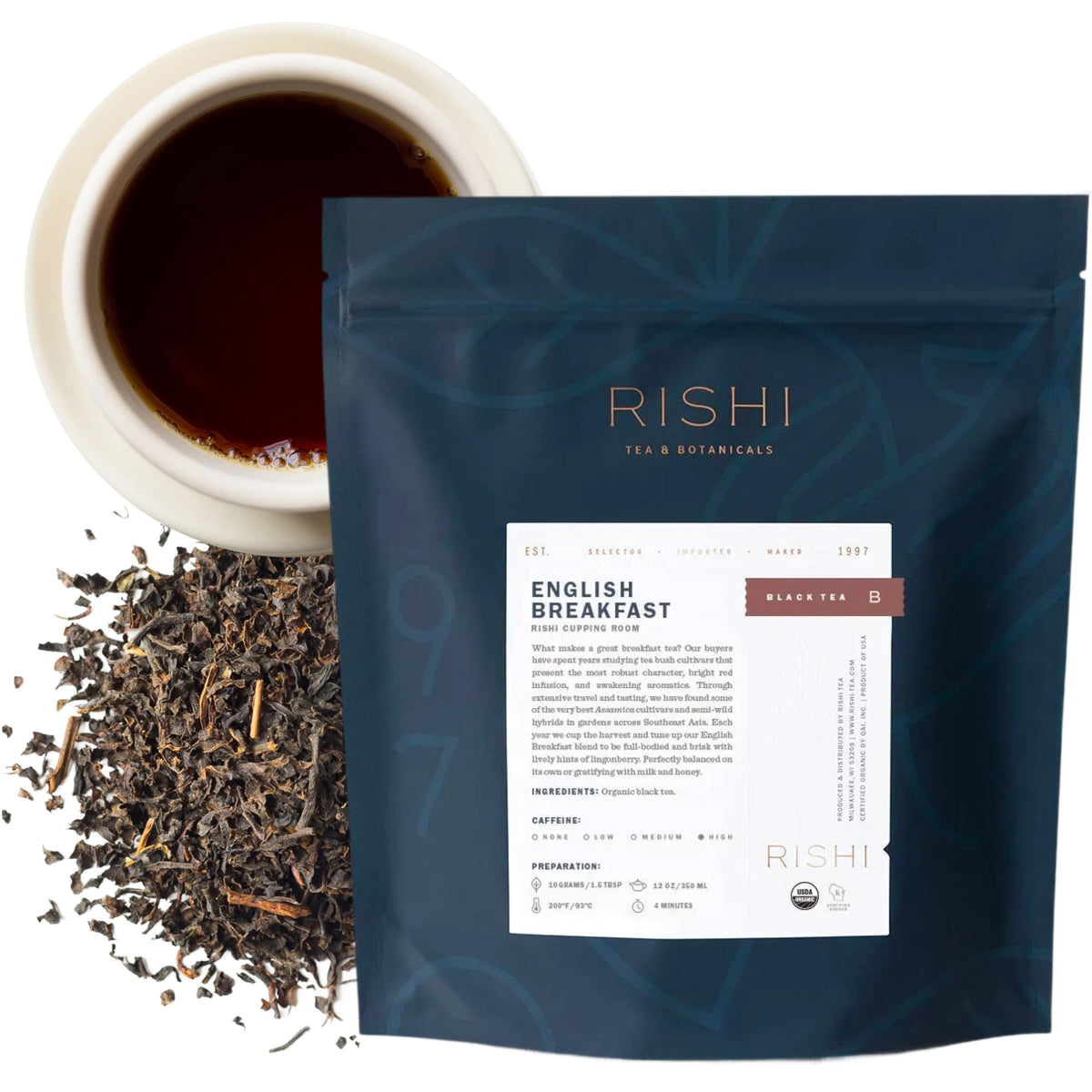 Rishi Tea English Breakfast loose-leaf with rich aroma and robust flavor for morning energy.