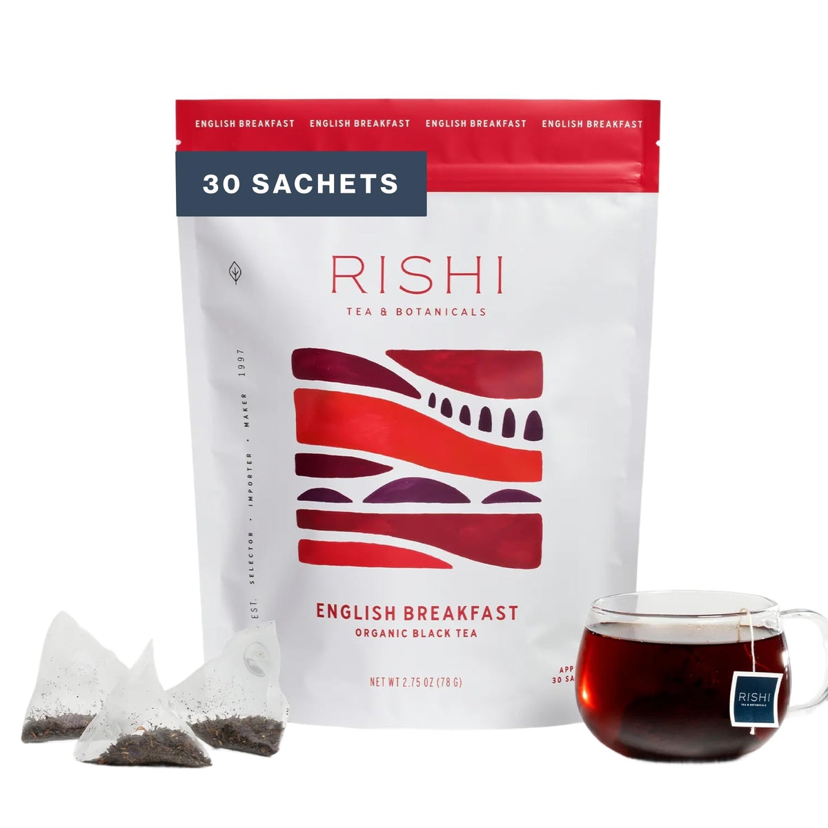 Rishi Tea English Breakfast tea bags in front pack offer a bold morning ritual.