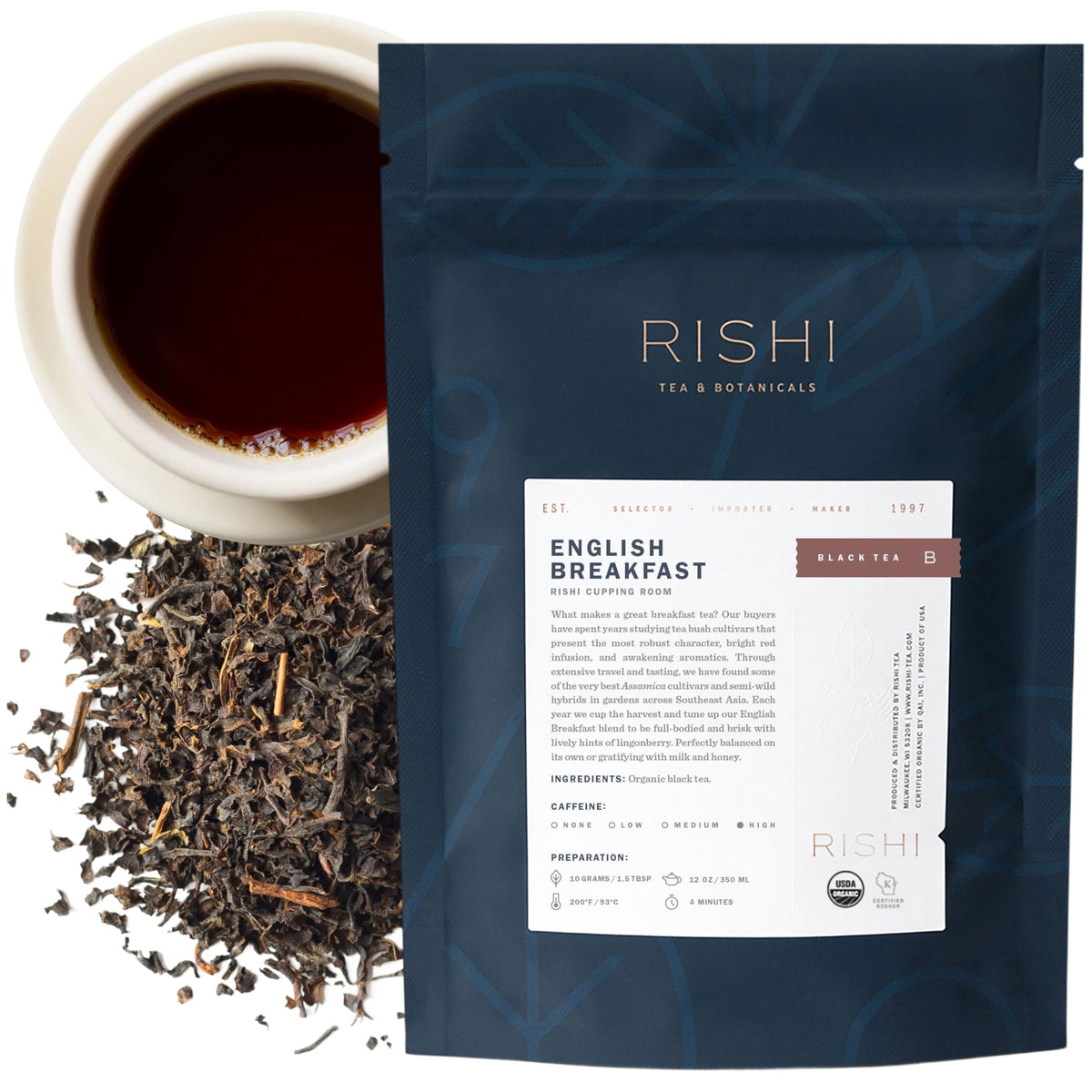 Rishi Tea English Breakfast loose leaf packaging shows premium quality for daily mornings