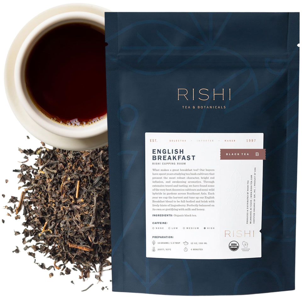 Rishi Tea English Breakfast loose leaf packaging shows premium quality for daily mornings