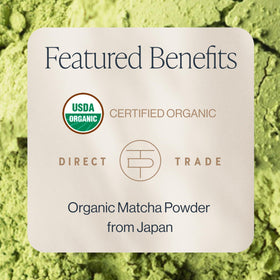 Rishi Everyday Matcha tin back highlights organic sourcing and usage ideas.