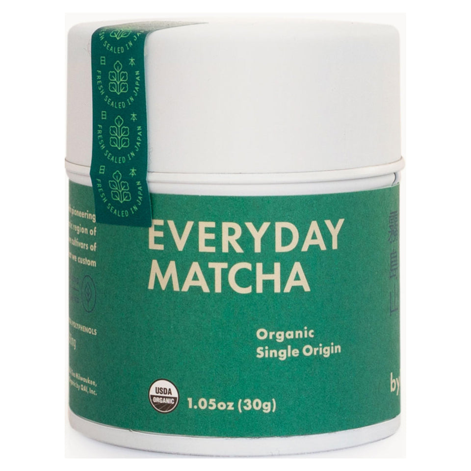Rishi Everyday Matcha tin front shows premium organic Japanese green tea for cafe-quality drinks.