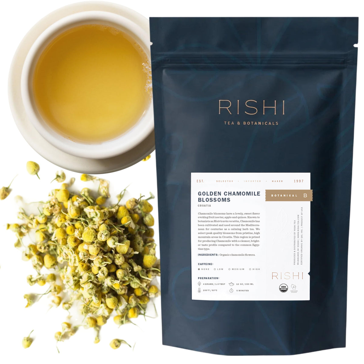 Rishi Tea Golden Chamomile Blossoms loose leaf, soothing caffeine-free blend